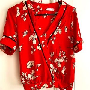 Beautiful Faux Wrap Red and Floral Blouse with Tie Waist